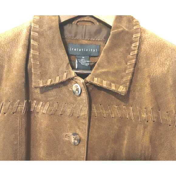 Vtg Relativity Womens M Brown Genuine Suede Leather Jacket Stitching Y2K - Picture 2 of 13